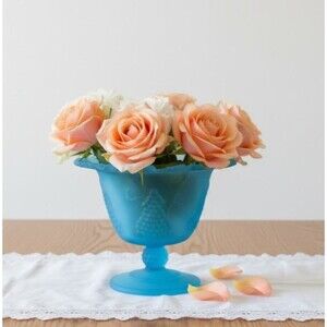Vintage Frost Blue Indiana Glass Vase Grape Candy Dish Compote Bowl Lace Edge